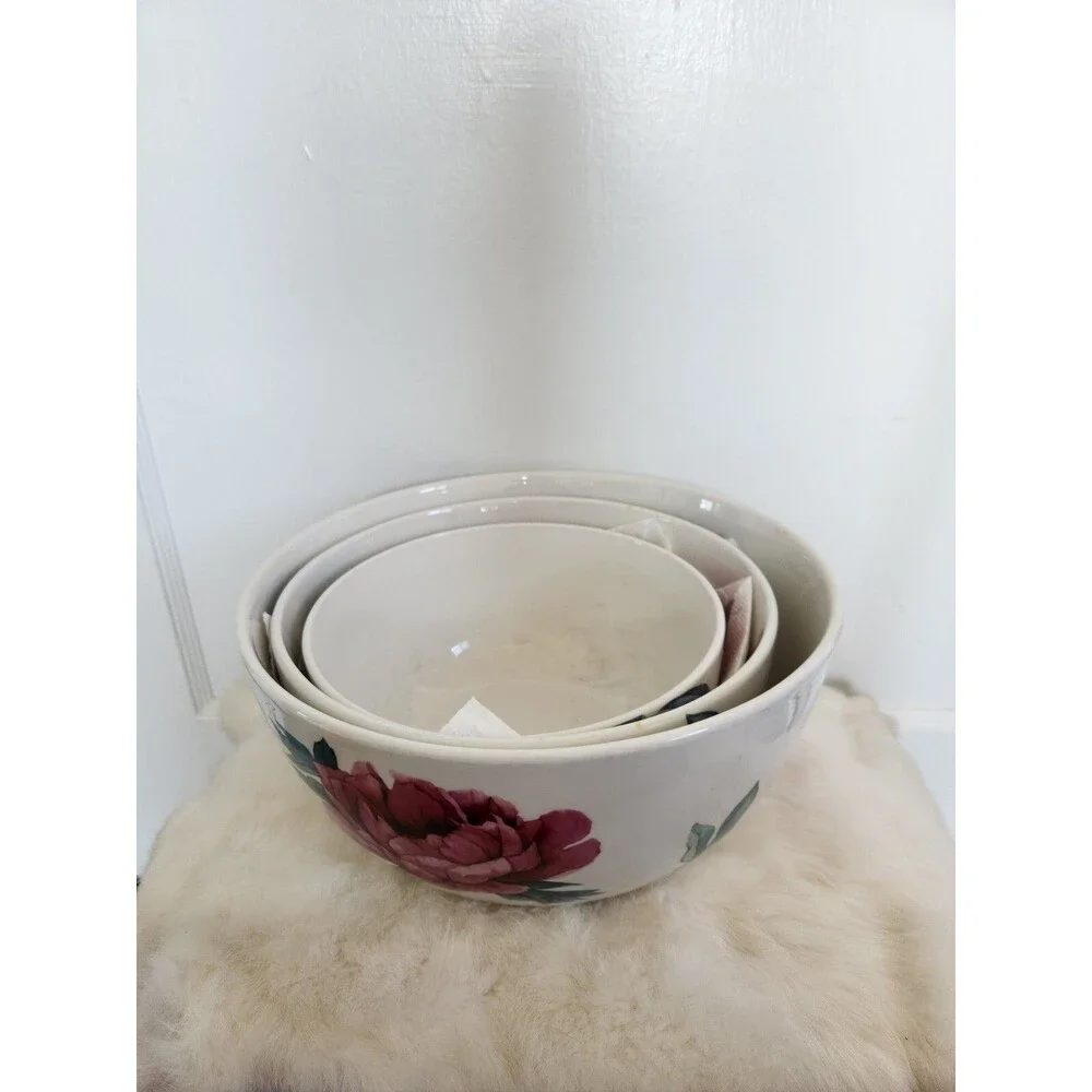 Martha Stewart Fine Ceramic Floral 3-Piece Bowl Set - White Elegant Serveware
